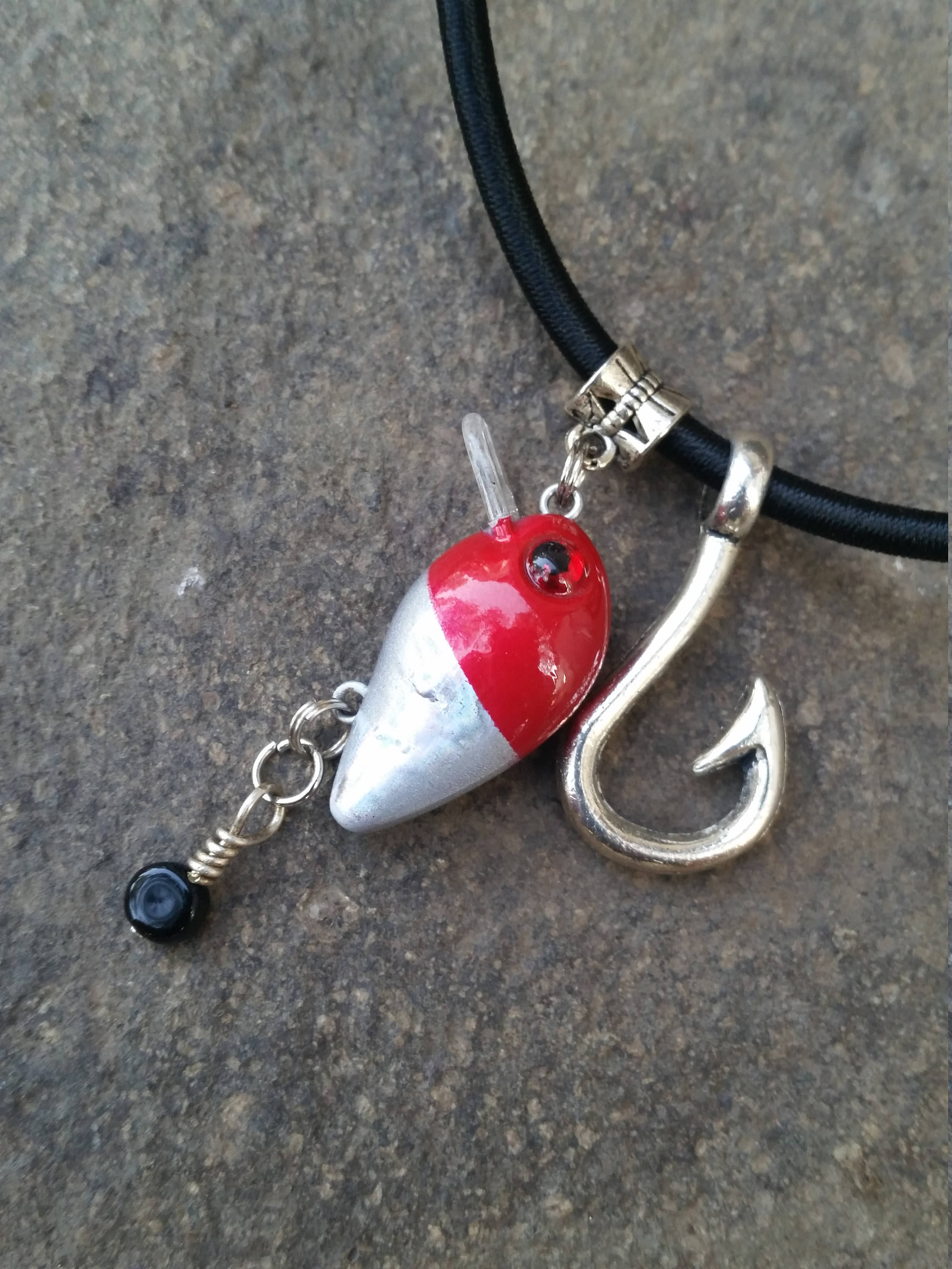 Fishing Lure Necklace With Fish Hook and Bead Accent....red and Silver