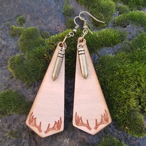 Laser cut wood teardrop earrings with engraved deer antler design and bullet charm ..  dangle earrings .. shooting / hunting jewelry