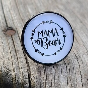 Black ring with mama bear glass cabochon .. mama bear ring .. bubble ring