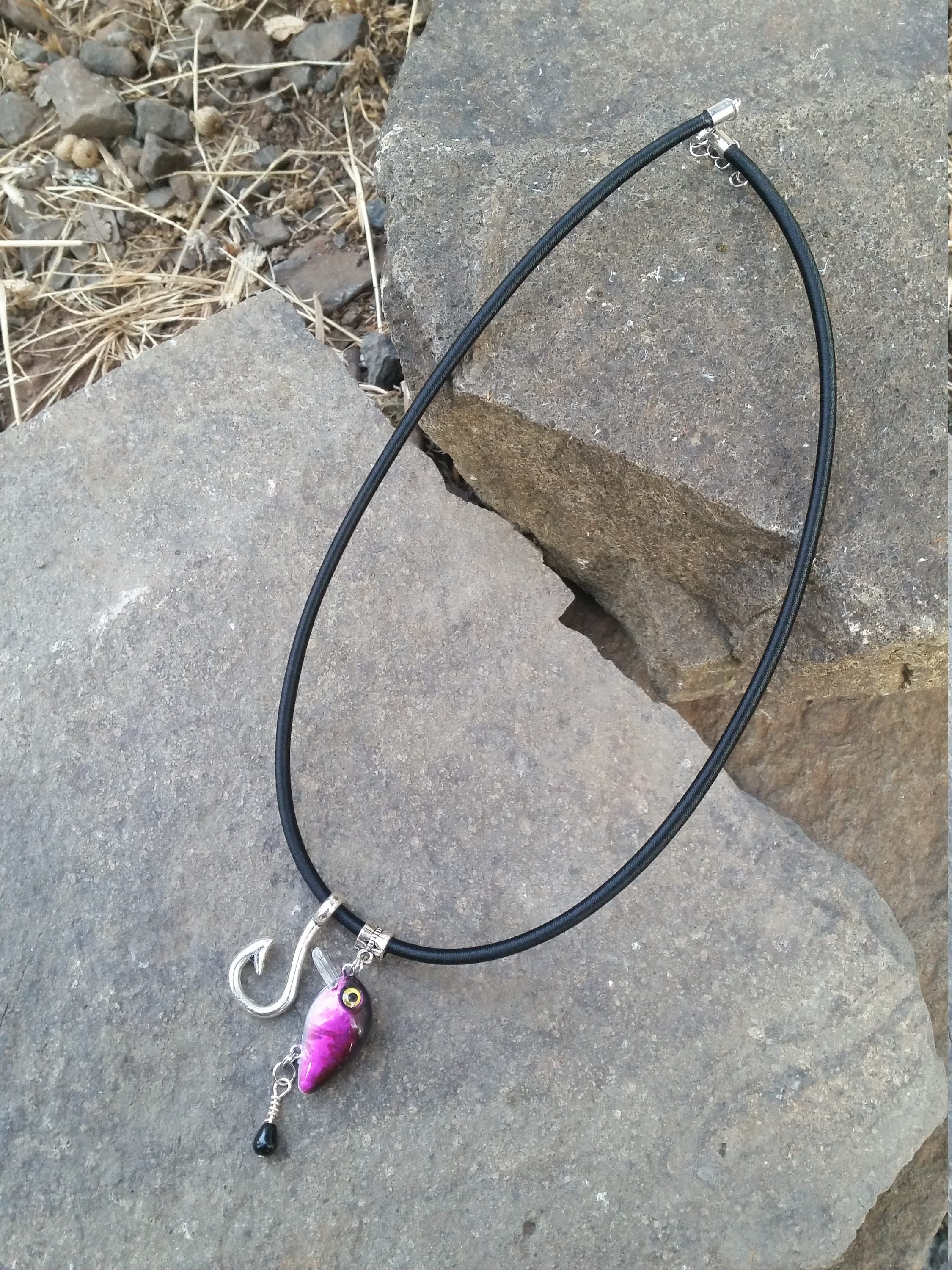 Fishing Lure Necklace With Fish Hook and Bead Accent....purple
