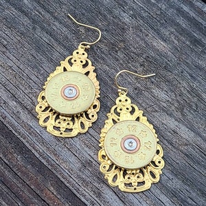 Teardrop filigree dangle earrings with shotgun shell accent .. Shotgun earrings .. shooting earrings .. Shotgun jewelry .. 12 gauge earrings