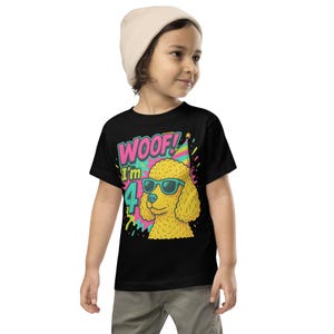 Cute Poodle Birthday T-Shirt – &quot;Woof! I&#39;m 4&quot; Funny Dog Party Tee with Sunglasses & Hat – Kids 4th Birthday Graphic Shirt for Dog Lovers
