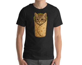 May include: Dark grey t-shirt with a humorous design of a tabby cat inside a burrito. The cat's head is visible, surrounded by lettuce and tomatoes. The burrito is wrapped in a tortilla. The t-shirt has a crew neck and short sleeves.