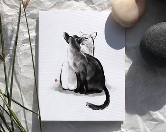 Two Cats Talking Greeting Card, Sumi-e Painting Illustration Asian Cat Kitten Zen Art Cute Summer Ink Drawing Dog Lover Wabi Sabi Statonery