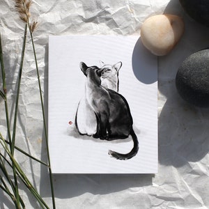 Carte de voeux deux chats parlant, illustration peinture sumi-e chat asiatique chaton Art zen été mignon dessin à l'encre amoureux des chiens Statonerie Wabi Sabi