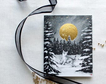 Starry Sky Winter Night Shiba Greeting Card, Dog Sumi-e Painting Holidays Ink Illustration New Years Eve Christmas Snow Pet Lovers Mistletoe