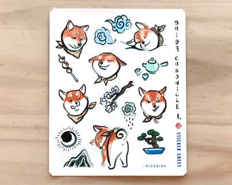 Shiba Inu Sticker Weatherproof Sheet Chronicle | Planner,Bullet Journal,Cute dog,Japanese Zen Sumi-e Asian,Celestial,Tea time,Jindo,akita