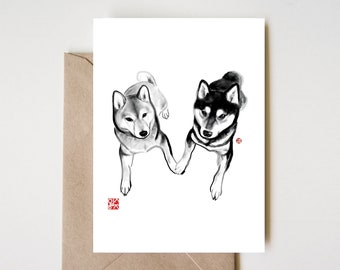 Shiba Inu Lovers Card, Sumi e Painting Ink Wash Illustration Cute Valentine Drawing Greeting Zen Asian Dog Puppy Anniversary Brush Couple