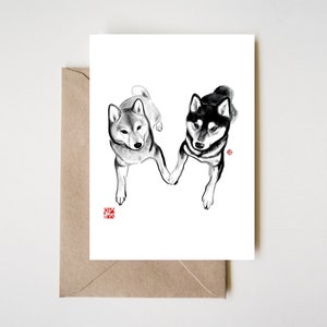 Shiba Inu Lovers Card, Sumi e Painting Ink Wash Illustration Cute Valentine Drawing Greeting Zen Asian Dog Puppy Anniversary Brush Couple