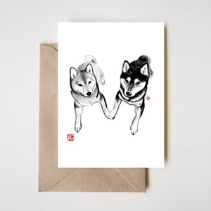 Tarjeta para amantes de Shiba Inu, ilustración con tinta lavada para pintura Sumi-e, lindo dibujo de San Valentín, saludo, aniversario, perro asiático zen, cachorro, pareja con pincel