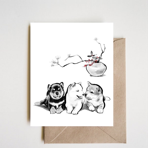 Shiba puppies & Holly Greeting Card, December Birth Month Flowers Winter Holidays New Years Zen Good Luck Dog Pet Lovers Jindo Sumi Ink