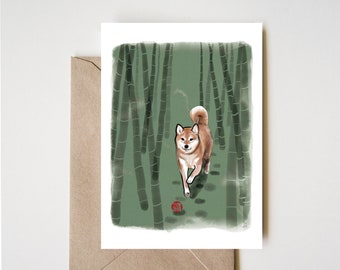 Bamboo Forest Shiba Inu Summer Night Greeting Card | Sumi-e Painting Ink Illustration Drawing Couple Ukiyo Zen Asian Dog Puppy Anniversary