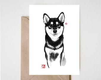 Tarjeta de Shiba Inu de niño inteligente, ilustración de animal con pintura Sumi-e en blanco y negro, dibujo a tinta de perro zen japonés asiático en blanco y negro, cachorro con pincel
