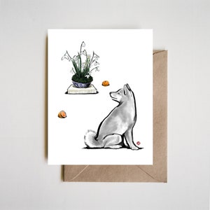 Biglietto d'auguri con bucaneve Shiba, gennaio, mese dei fiori, vacanze invernali, Capodanno, Zen, buona fortuna, amanti degli animali, Jindo Sumi Ink