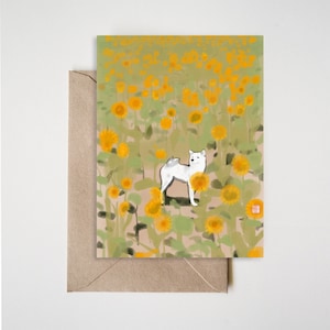 Shiba Inu w polu słoneczników, ilustracja tuszem Sumi-e Painting Card Yellow Flower Drawing Couple Summer Zen Asian Dog Puppy Anniversary