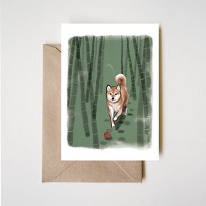 Tarjeta de felicitación de noche de verano de Shiba Inu en el bosque de bambú / Ilustración de tinta con pintura Sumi-e Dibujo de pareja Ukiyo Zen Perro asiático Cachorro Aniversario