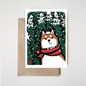 Winterboom Shiba Inu-kaart, sneeuwvakantie kerstblok afdrukken dier illustratie Aziatische Japanse zen hondenliefhebber grafisch schattig groenblijvend