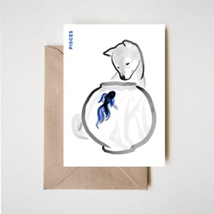 Carte postale Shiba Poissons, horoscope chien Sumi-e peinture à l'encre Zen N&B Illustration février anniversaire mignon dessin du zodiaque