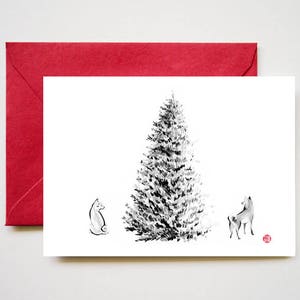 Dwa Shiba Inu między choinką, kartka świąteczna, unikatowy obraz Sumi-e, wydruk artystyczny, świąteczna zima, miłość, tusz, ilustracja, Nowy Rok