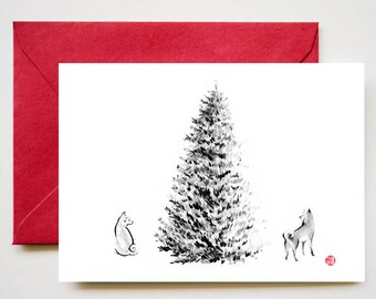 Two Shiba Inu between Christmas Tree Card, Unique Sumi-e Painting Art Print Holiday Winter Love Ink Illustration New Year