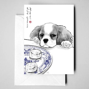 King Charles Spaniel Karte, Internationale Doggy Sumi-e Malerei Illustration Asiatisch England Zen-Kunst Niedliche Tuschezeichnung Hundeliebhaber