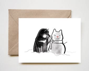 Shiba Inu Puppy with a Snowman Card, Unique Sumi-e Painting Art Print Christmas Holiday Winter Love Ink Illustration year of the dog