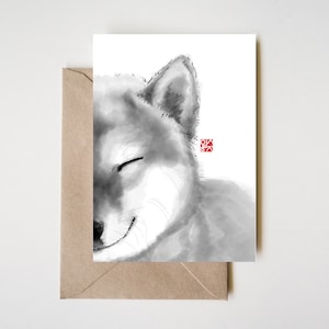 Smiling Shiba Card Set of 8,Unique Sumi-e Painting Print Card Animal illustration B&W Asian zen Dog lover Cute Ink Drawing Japanese