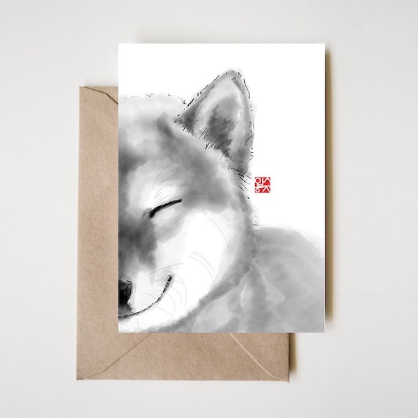 Lächelndes Shiba Gesicht Grußkarte, einzigartige Sumi-e Malerei Druck Tier Illustration B & W asiatisch zen Thema Hundeliebhaber Niedliche Tuschezeichnung Japanisch