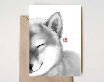 Smiling Shiba face Greeting Card, Unique Sumi-e Painting Print Animal illustration B&W Asian zen theme Dog lover Cute Ink Drawing Japanese