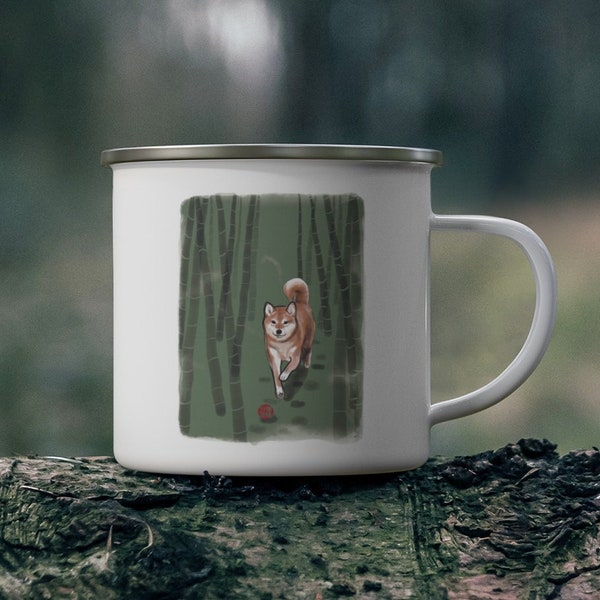 Red Shiba Inu in Bamboo Forest Enamel Camping Mug | Sumi-e Ink Art Dog Pet Lovers Gift