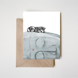 Paix et bonheur, Bouddha endormi et Shiba Inu Carte de vœux | Peinture à l'encre Sumi-e Illustration d'animal de compagnie Wabi Sabi Thème zen asiatique Amoureux des chiens
