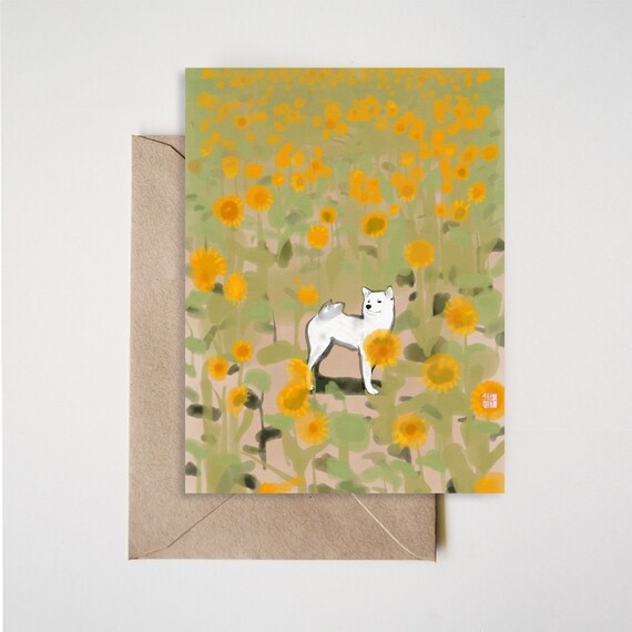 Shiba Inu In Sunflower Field Sumi E Painting Card Ink Illustration Yellow Flower Drawing Couple Summer Zen Asian Dog Puppy Anniversary