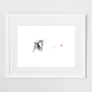 Shiba e Red Ball Art Poster Japonês Cão Sumi-e Pintura Tinta Zen Impressão Desenho Amante de Cachorro WallDeco Pet Brush ilustração P&B