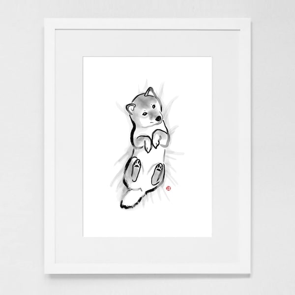 Comfy Baby Shiba Inu Poster,Couple Illustration Modern Sumi-e Painting Ink Zen Print Drawing Japanese Wall Deco Design Brush B&W Valentine