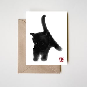 Tarjeta de dulce gatito negro, ilustración de pintura Sumi-e, gatito asiático, arte zen, lindo dibujo a tinta de verano, amante de los perros, papelería Wabi Sabi