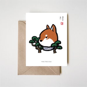 May Shiba Card, Calendar Horoscope Birthday Pine Tree Evergreen Bonsai Pet Dog Fortune Sumi-e Ink Zen Illustration Cute Zodiac Drawing