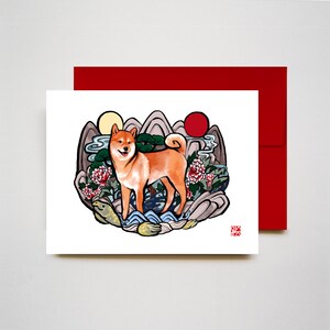 Zon, maan, Shiba Sticker 2-in-1 wenskaart, geluksbrenger hond Sumi-e schilderij Feestdagen Inkt Schildpad illustratie Oudejaarsavond Dierenliefhebbers Pioen
