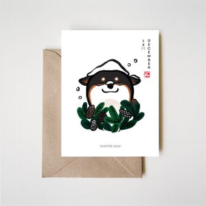 Shiba-kaart december, kalenderhoroscoop Verjaardag Groenblijvend sneeuw Winter Hond Fortune Sumi-e Inkt Zen Illustratie Leuke dierenriemtekening
