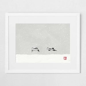 Snowy Day Shiba Inu Art Poster,Japanese Dog Sumi-e Painting Ink Zen Print Drawing Dog Lover Wall Deco Pet Brush illustration B&W