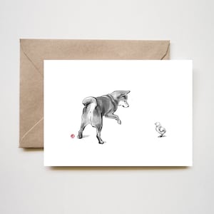 Shiba Inu e pulcino, carta, pittura Sumi-e, stampa, B&W, Zen, illustrazione a inchiostro, disegno a inchiostro, amanti dei cani, genitori di animali domestici, Pasqua, amicizia
