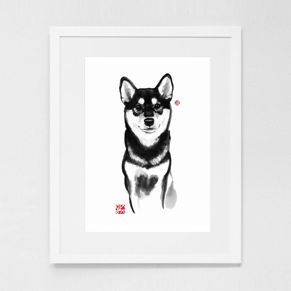 Shiba Inu Smart Boy Art Print Poster, Sumi-e Painting Black and Tan Japanese Cute dog Ink Animal Illustration B&W Art Asia Zen Birthday