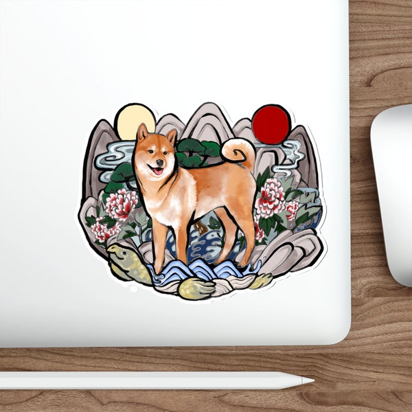 Sun and Moon Sticker, Kiss-cut Shiba Laptop Skateboard Luggage Good Luck New Year Dog Pet Lovers Gift Akita Jindo Yin Yang Turtle Peony