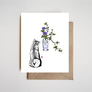 Carte Shiba Inu et rose pourpre | Composition florale Naissance Juin Ikebana Encre Sumi Chien Amoureux Des Animaux Sésame
