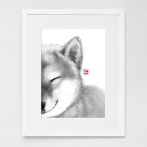 Póster de arte con cara de Shiba sonriente, pintura de perro japonés Sumi-e, impresión zen, dibujo a tinta, amante de los perros, decoración de pared, ilustración con pincel para mascotas, giclée en blanco y negro