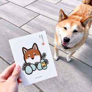 April Shiba Karte, Kalender Horoskop Geburtstag Küken Ostern blaue Eier Frühling Haustier Hund Fortune Sumi-e Ink Zen Illustration Nette Sternzeichen Zeichnung