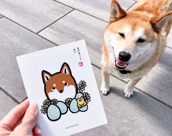 April Shiba Card, Calendar Horoscope Birthday Chick Easter blue Eggs Spring  Pet Dog Fortune Sumi-e Ink Zen Illustration Cute Zodiac Drawing