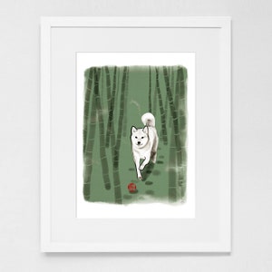 Bamboe Groen Bos Shiba Inu Art Print Poster, Sumi-e Schilderij Japans Leuke hond Ukiyo-e Inkt Dier Illustratie Azië Zen Wabi Sabi Koreaans