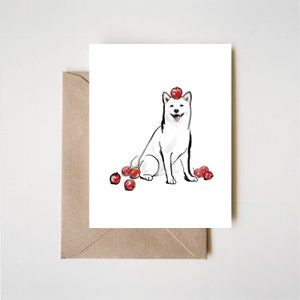 Jabłko i krem Shiba Inu Kartka z pozdrowieniami | Sumi-e Malowanie tuszem Ilustracja Jesienny Zen Azjatycki Pies Szczeniak Rocznica Baby Shower Miłośnicy zwierząt