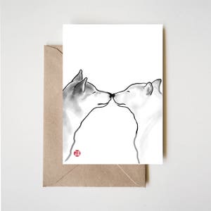 Shiba Inu Love, Unique Sumi-e Painting Card Ink Illustration Valentine Day Drawing Couple Wedding Zen Asian Dog Puppy Anniversary