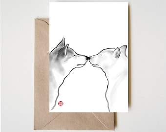 Shiba Inu Love, Unique Sumi-e Painting Card Ink Illustration Valentine Day Drawing Couple Wedding Zen Asian Dog Puppy Anniversary